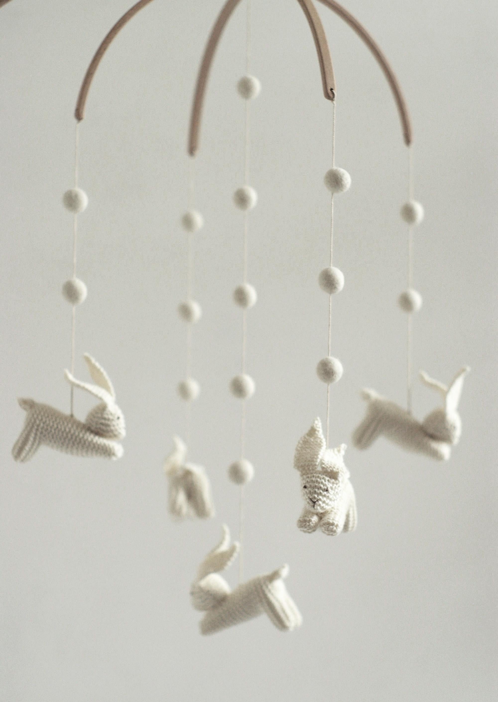 Baby Nursery Mobile - Jumping Hares With White Wool Balls