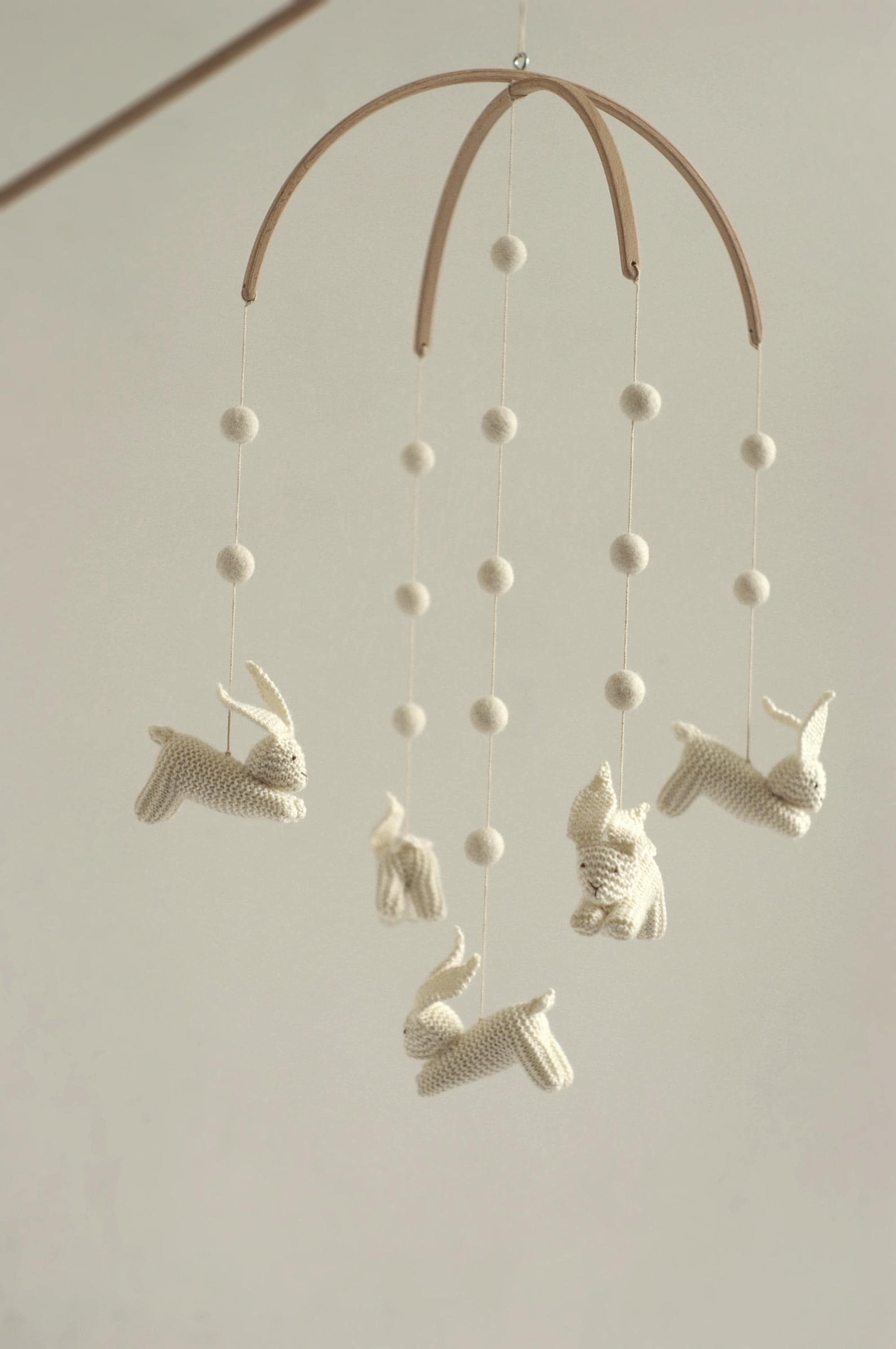Baby Nursery Mobile - Jumping Hares With White Wool Balls