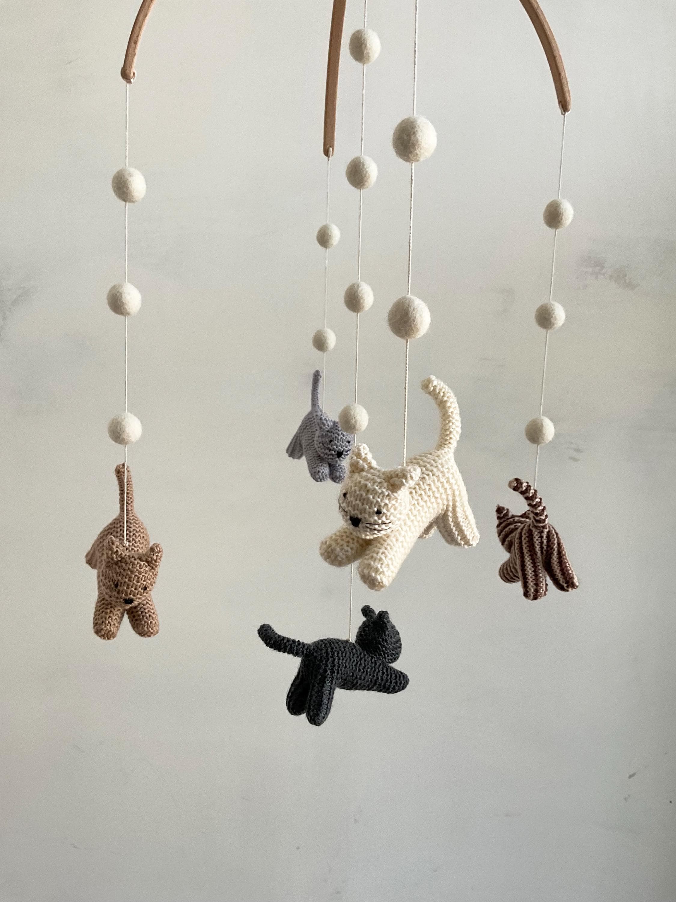 Knitted Kitten Baby Mobile with Felted Wool Balls
