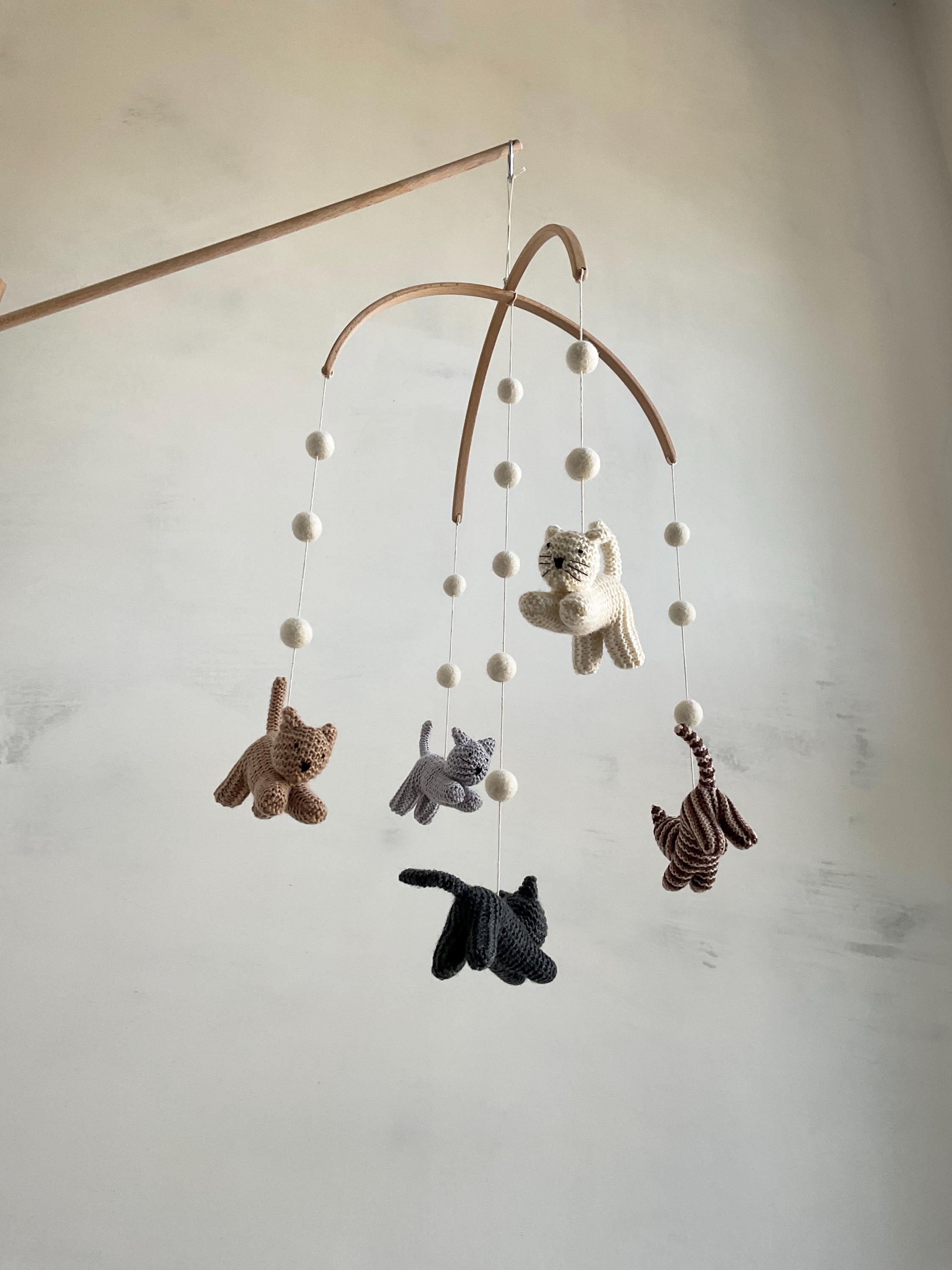 Knitted Kitten Baby Mobile with Felted Wool Balls