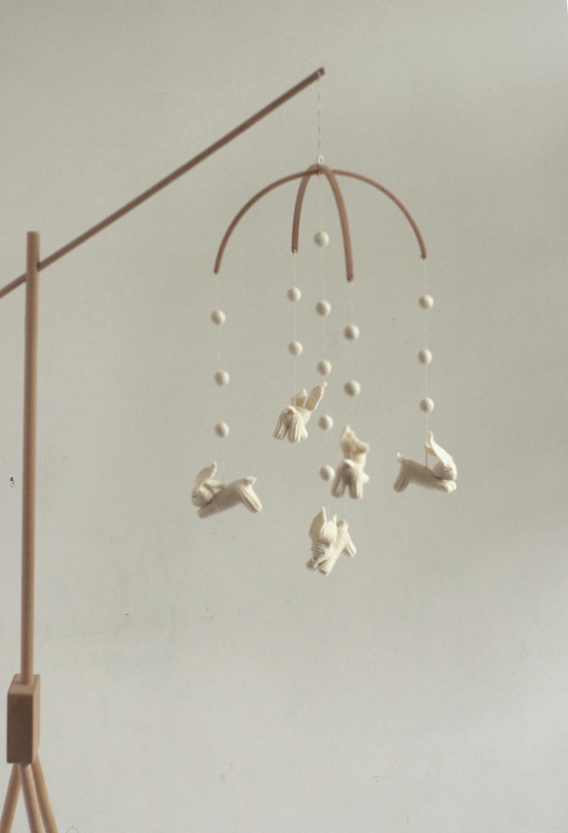 Baby Nursery Mobile - Jumping Hares With White Wool Balls