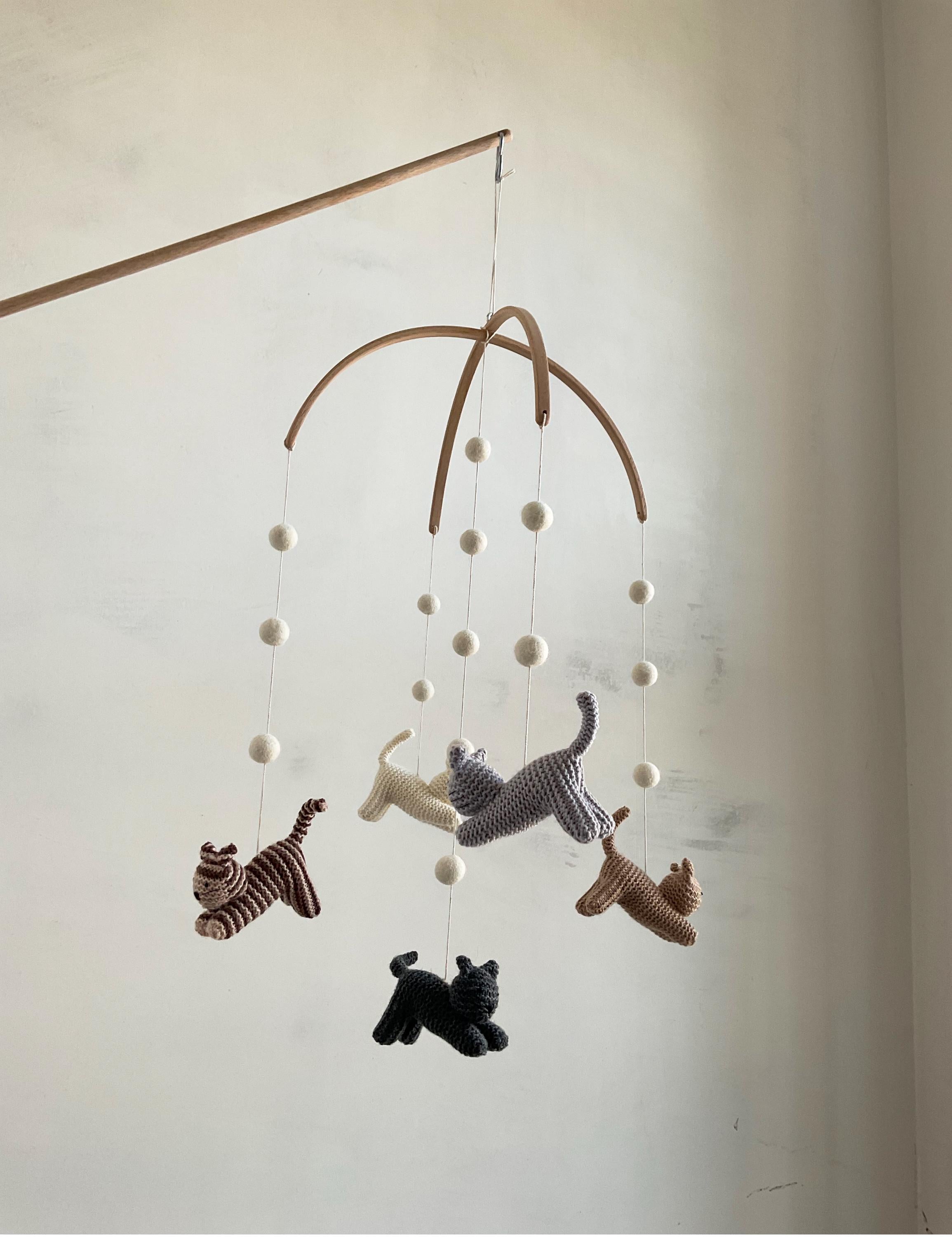 Knitted Kitten Baby Mobile with Felted Wool Balls