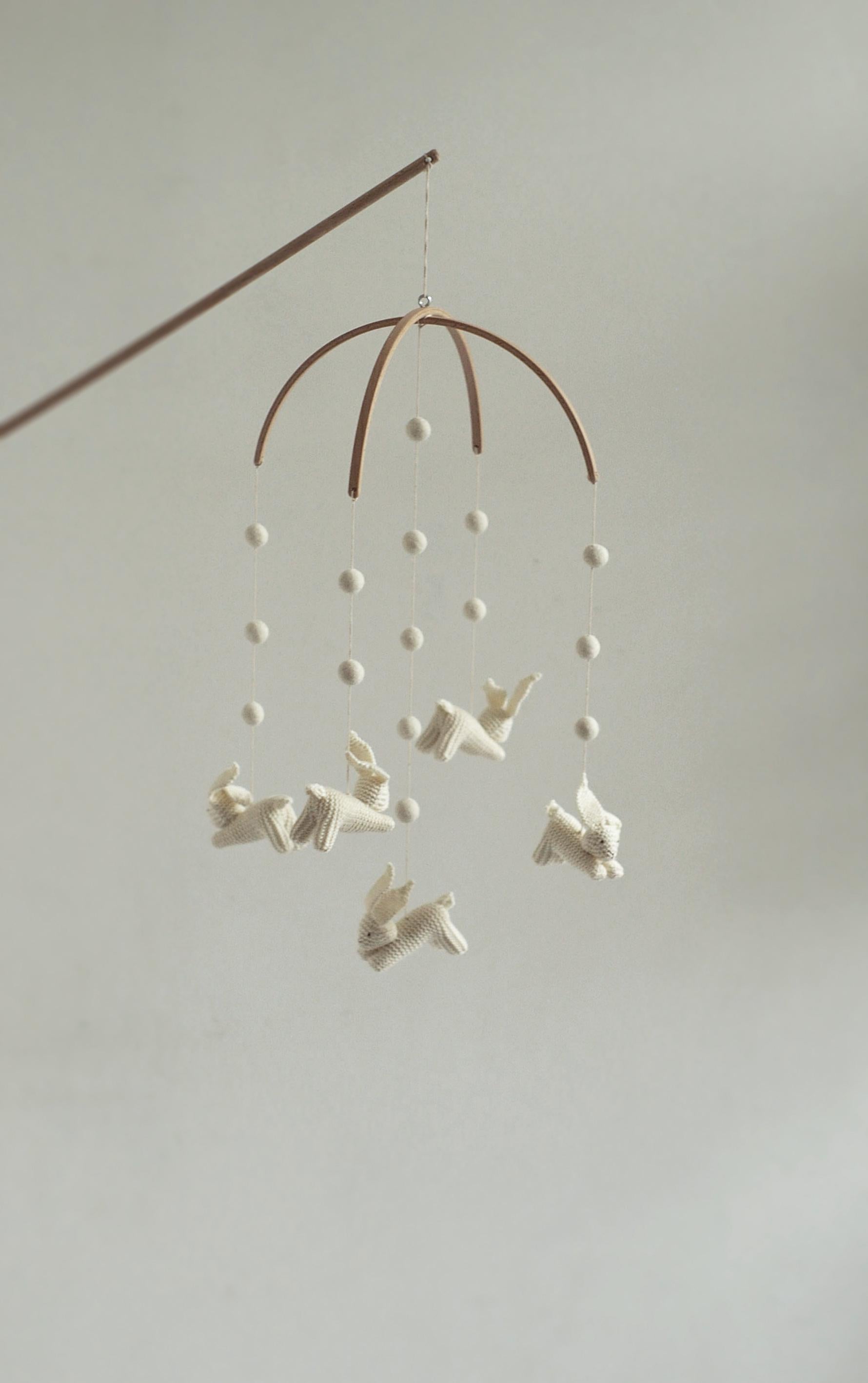 Baby Nursery Mobile - Jumping Hares With White Wool Balls